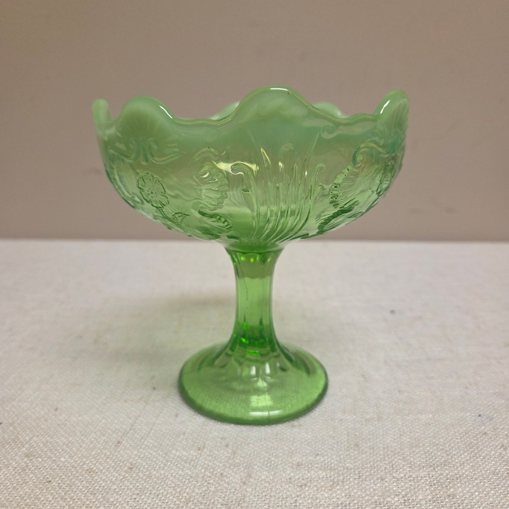 Northwood Green Opalescent Glass Compote Ruffled Floral Candy Dish Pedestal Bowl - Picture 3 of 6